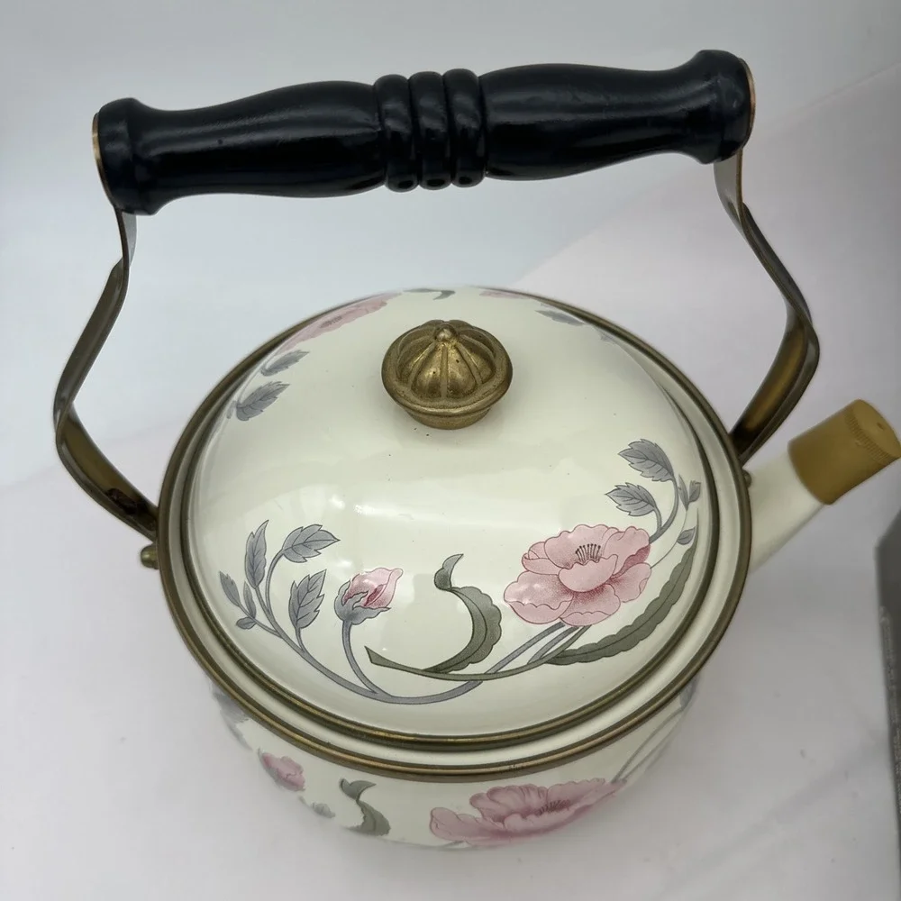 Vintage Tulare Collection Enamel Tea Kettle Pink Peony Floral Water Pot NIB